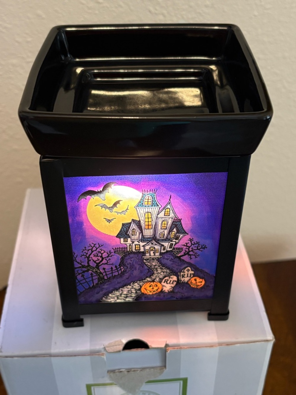 Scentsy Black Halloween Haunted House Wax Warmer with Purple and Yellow Panel